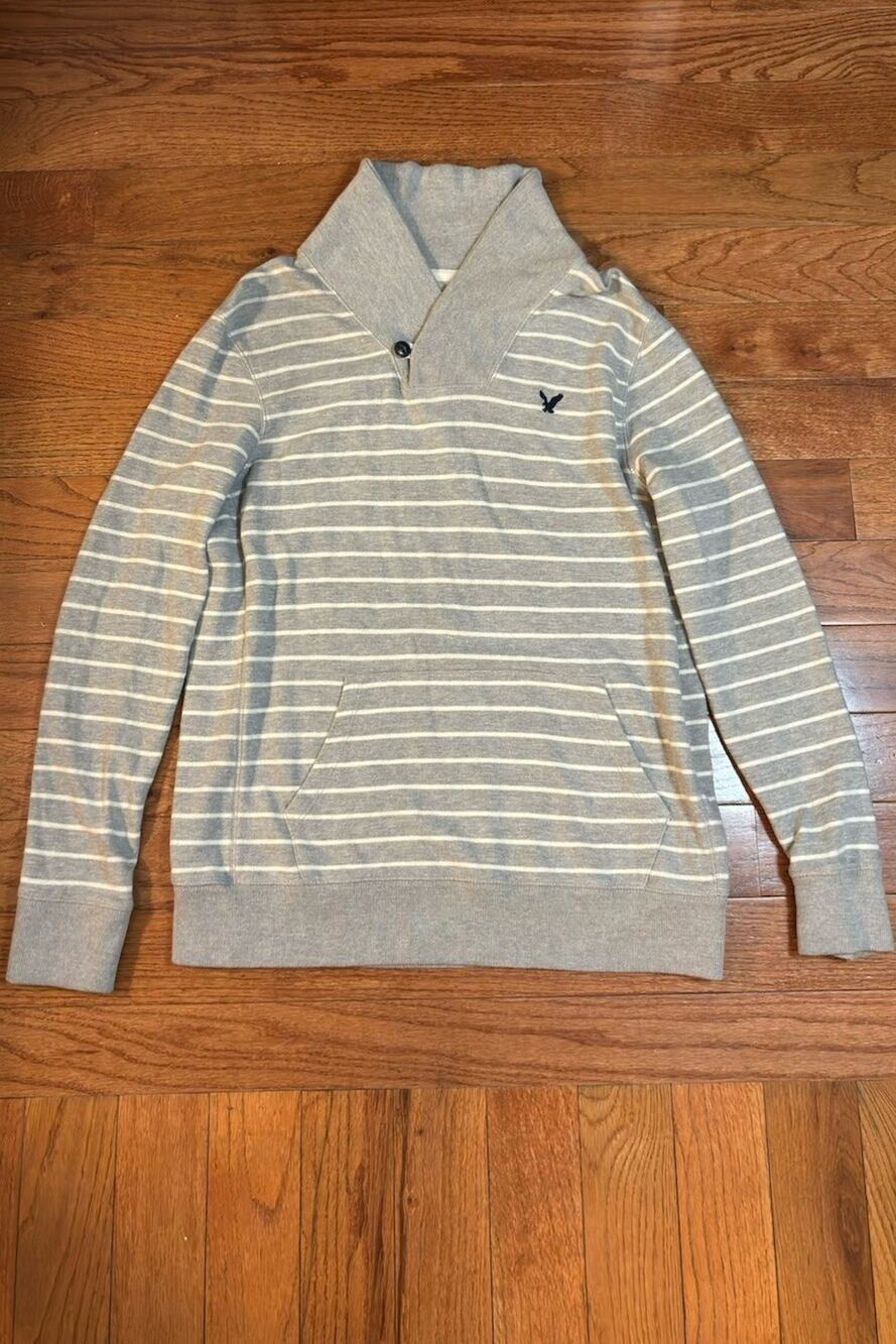 American Eagle Outfitters Men's M Gray White Striped Knit Collared Pullover